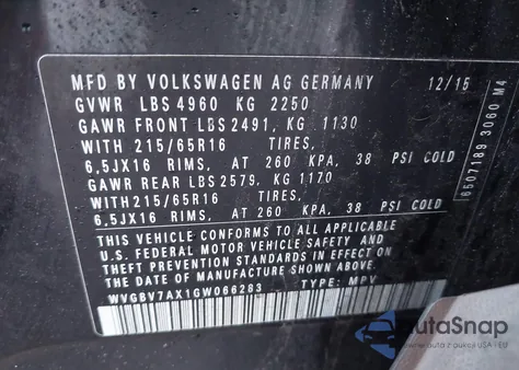 2016 Volkswagen Tiguan S из США, поврежденный, VIN WVGBV7AX1GW066283